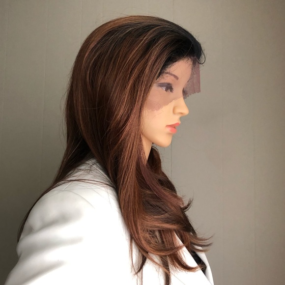 NWT 22-24” human blend Remy hair Swiss lace warm dark auburn black base wig